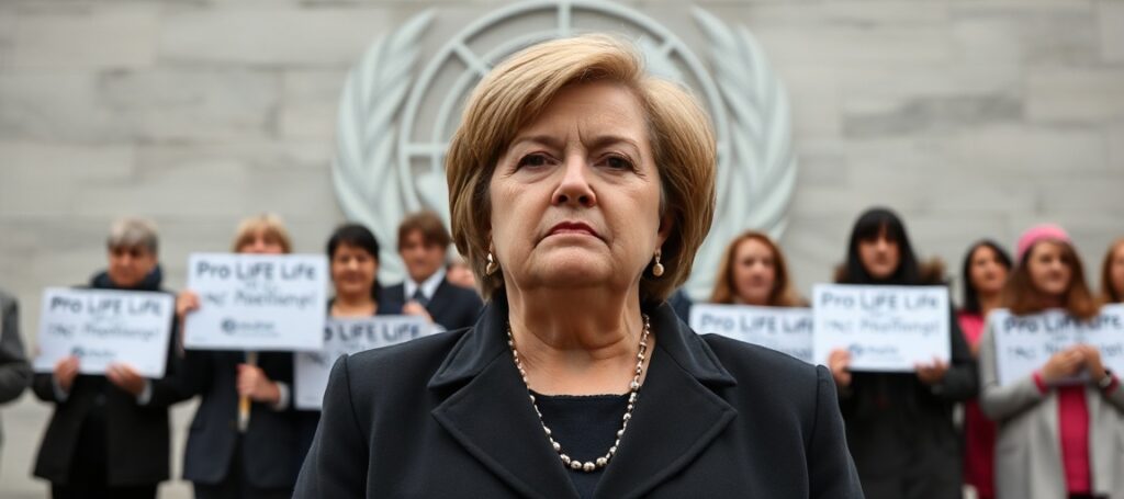 Michelle Bachelet przed budynkiem ONZ z pro-life aktywistami modlącymi się za ratowanie życia