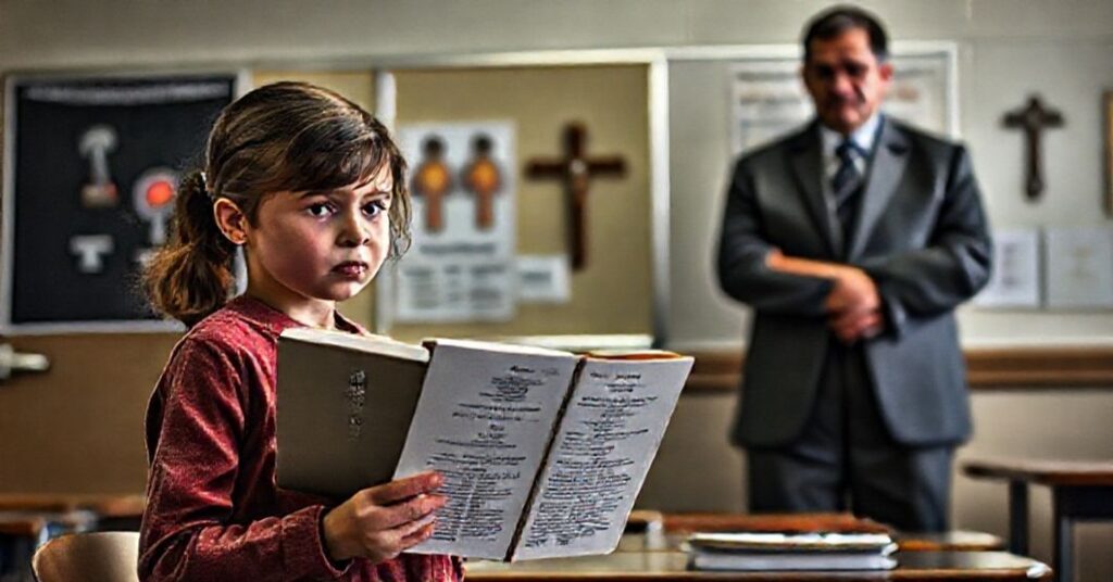 Pogląd na klasę w Michigan w 2025 roku, gdzie nauczyciel (Dr Pamela Pugh) wprowadza ideologię genderową dzieciom w wieku 11-14 lat; jeden z uczniów trzyma modlitewnik katolicki, co symbolizuje konflikt między wiarą a państwową edukacją.