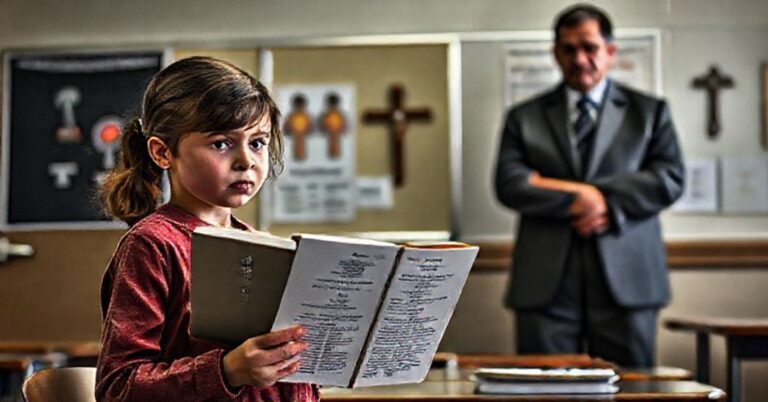 Pogląd na klasę w Michigan w 2025 roku, gdzie nauczyciel (Dr Pamela Pugh) wprowadza ideologię genderową dzieciom w wieku 11-14 lat; jeden z uczniów trzyma modlitewnik katolicki, co symbolizuje konflikt między wiarą a państwową edukacją.