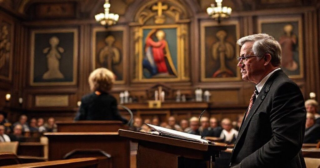 Zdjęcie przedstawiające słuchanie w Michigan z udziałem dr Sue Carnell i Jaya DeBoyera na tle katolickiej tradycji.