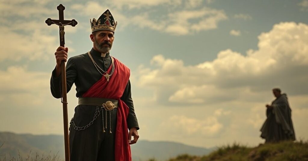 Szympatyczny obraz przedstawiający męczennika Cristero z różańcem i krzyżem na tle meksykańskiego krajobrazu.