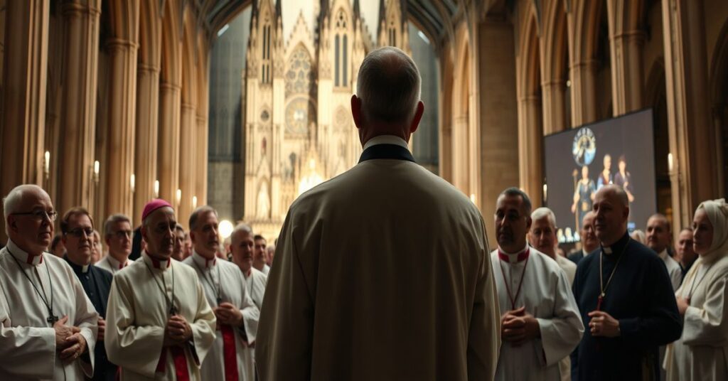 Tradycyjni katolicy w stroju liturgicznym patrzą z przerażeniem na konferencję promującą wolność religijną bez odniesienia do Chrystusa Króla.