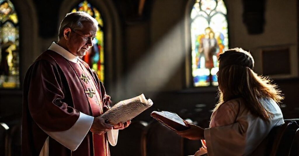 Tradycyjny ksiądz w ornacie stoi w kościele przed parą małżeńską, omawiając zagrożenia wynikające z mieszanych małżeństw.