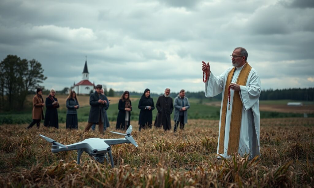 Grupa mieszkańców Łotwy modli się z księdzem wokół rozbitych dronów w pobliżu zbiornika ropy naftowej w Rzeżycy.