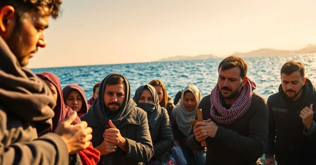 Grupa migrantów ratowanych przez grecką straż przybrzeżną u wybrzeży Krety, modląca się i pełna nadziei.