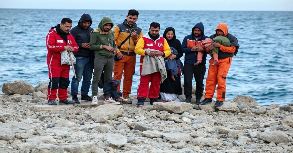 Grupa migrantów uratowanych przez libijskich wolontariuszy Czerwonego Półksiężyca na skalistym brzegu Morza Śródziemnego koło Tobruku.