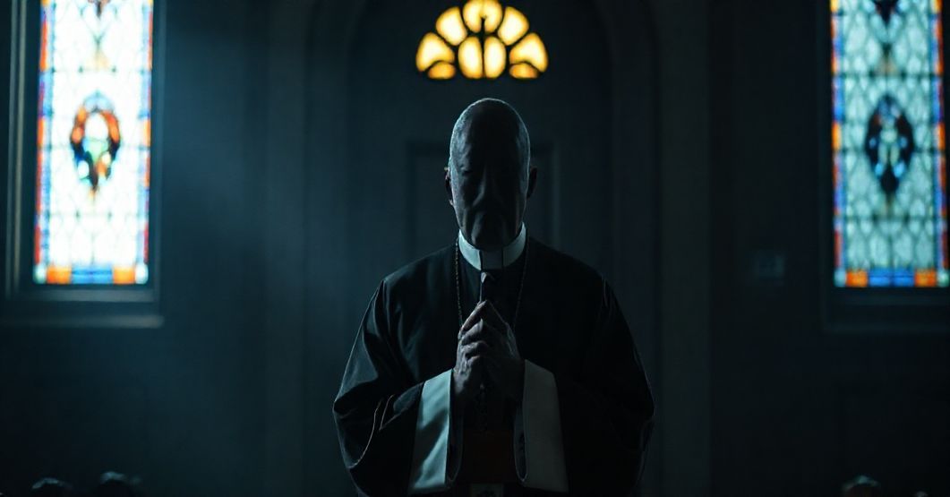 Krakowski biskup w tradycyjnych szatach stoi w ciemnej kościele przed zamkniętymi drzwiami z insygniami papieskimi, symbolizującym milczenie i apostazję.