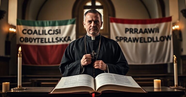 Katolicki kapłan w cichnym kościele trzyma różaniec, z bladoróżnymi sztandarami politycznymi w tle.