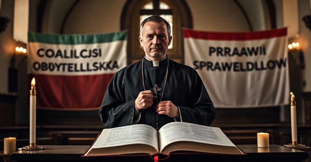Katolicki kapłan w cichnym kościele trzyma różaniec, z bladoróżnymi sztandarami politycznymi w tle.