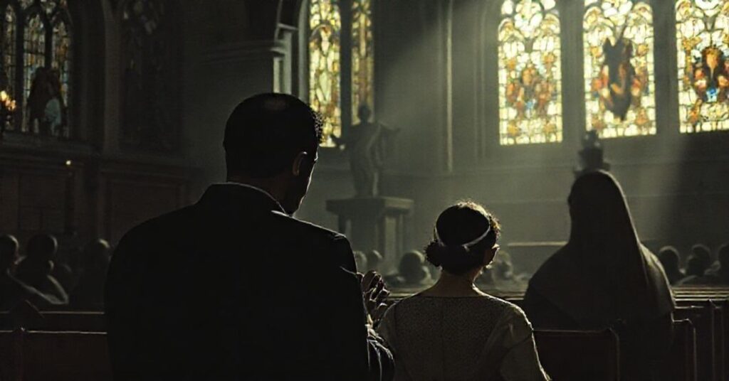 Pobieranie tradycyjnej sceny katolickiej przedstawiającej milczenie Watykanu wobec aresztowania Jimmy'ego Laia w Hongkongu. Są tu przedstawieni Lai z żoną Teresą i córką Claire modlący się w ciemnym kościele z witrażami. W oddali widoczny jest cień symbolizujący Watykan.