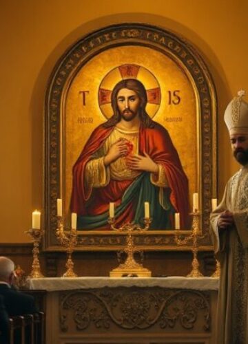 Milejczyce - Sanktuarium bez Kapłana i Krzyża Pielgrzymi modlący się przed obrazem Najświętszego Serca Pana Jezusa w Sanktuarium w Milejczycach