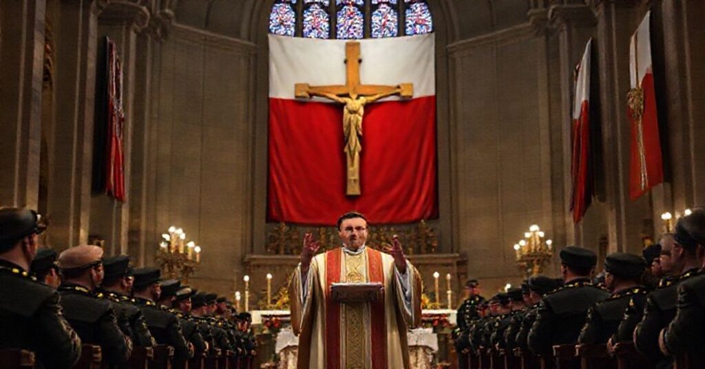 Scena w polowej katedrze podczas pasterki wojskowej z „biskupem” Lechowiczem i profanacją liturgii przez militarne symbole