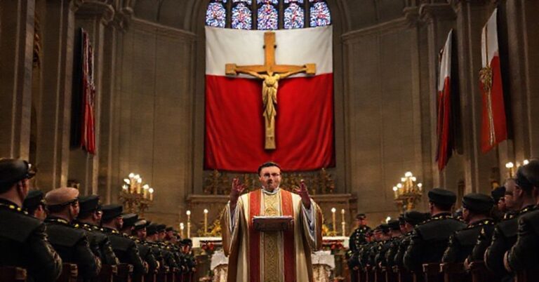 Scena w polowej katedrze podczas pasterki wojskowej z „biskupem” Lechowiczem i profanacją liturgii przez militarne symbole