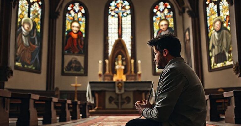 Milo Yiannopoulos modliący się w tradycyjnym kościole katolickim podczas wyznania skruchy za poparcie sodomii w Partii Republikańskiej