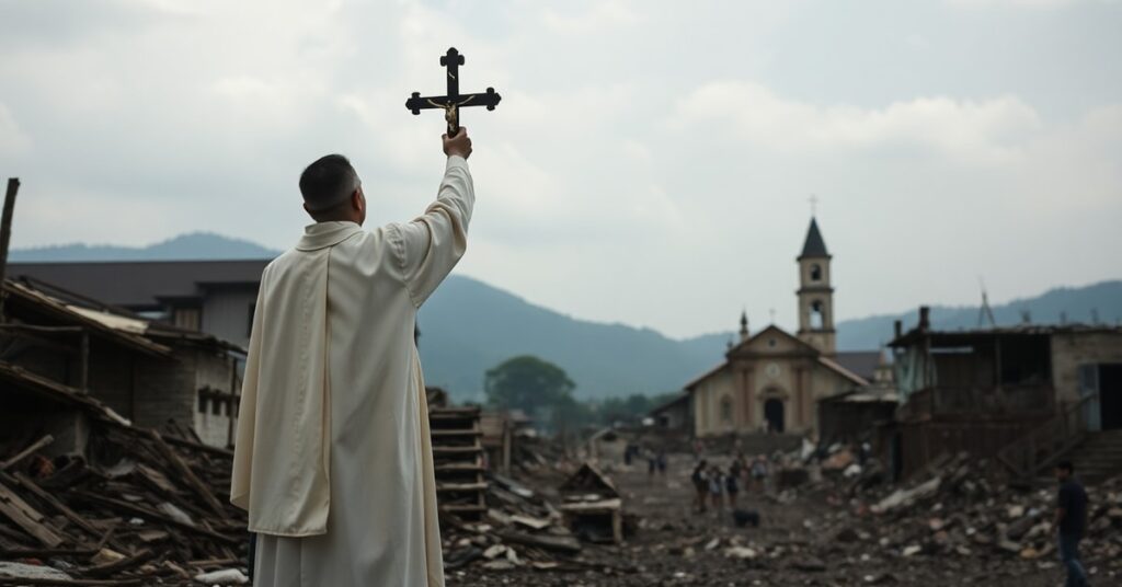Scena zniszczeń po trzęsieniu ziemi na Mindanao z kapłanem trzymającym krzyż w tle ruin kościoła