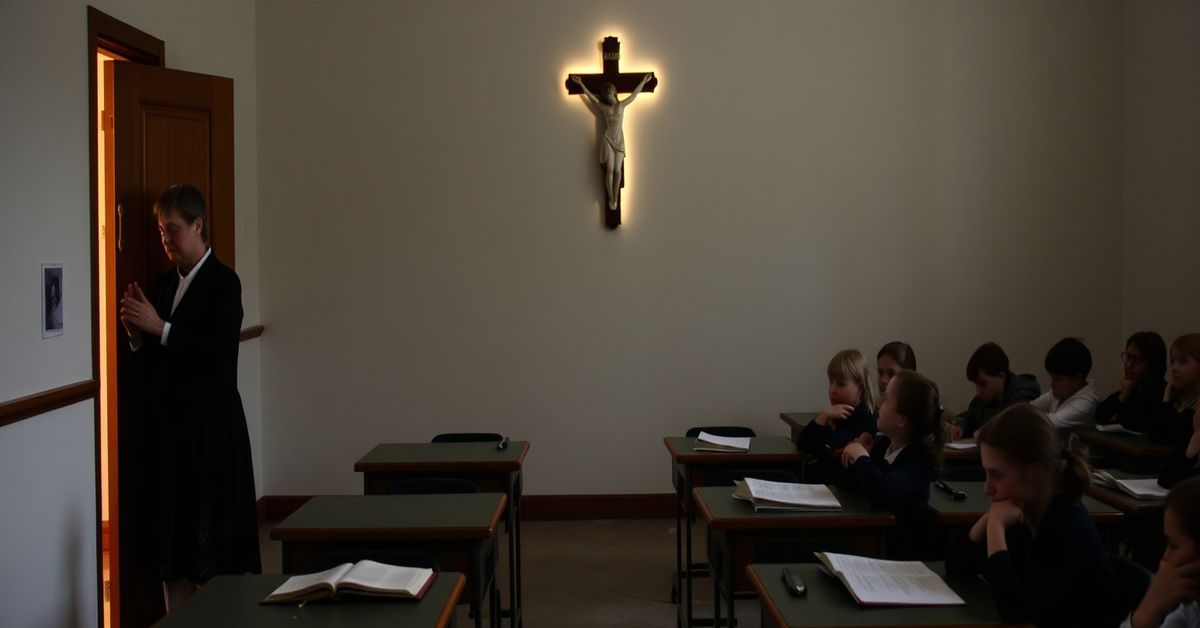 Sala szkolna z dzieciami i ministrem Barbarą Nowacką blokującą światło przy drzwiach, symbolizującą ograniczenie religii w edukacji publicznej