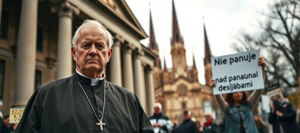 Obraz katolicki przedstawiający ministra Marcina Kierwińskiego w kontekście politycznym z protestem i katedrą na tle.