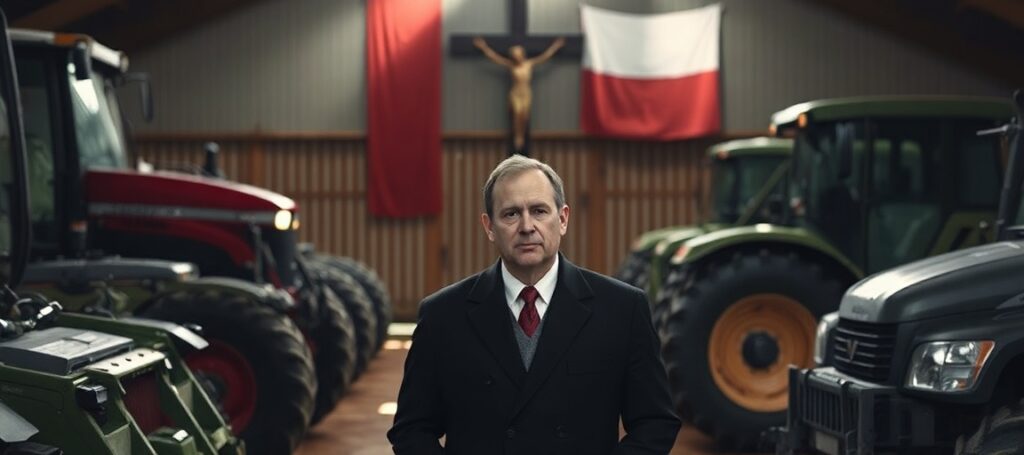 Zdjęcie przedstawiające ministra rolnictwa Stefana Krajewskiego w tradycyjnym katolickim otoczeniu z maszynami rolniczymi i sprzętem wojskowym na tle krzyża i polskiej flagi.