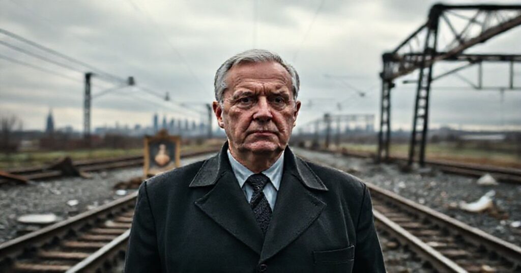 Sztuka przedstawiająca ministra obrony Włodzimierza Kosiniak-Kamysza przed zniszczonym torem kolejowym po aktach dywersji w Warszawie.