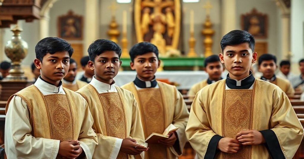 Młodzi ministranci w tradycyjnych szatach liturgicznych przygotowują się do mszy św. w poważnej atmosferze.