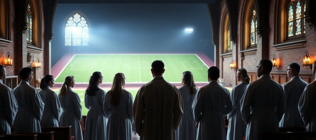 Grupa ministrantów i lektorów w tradycyjnych szatach liturgicznych stoi przed ołtarzem kościoła, podczas gdy na tle widać boisko piłkarskie. Scena symbolizuje konflikt między świętością a świeckim rozrywką.