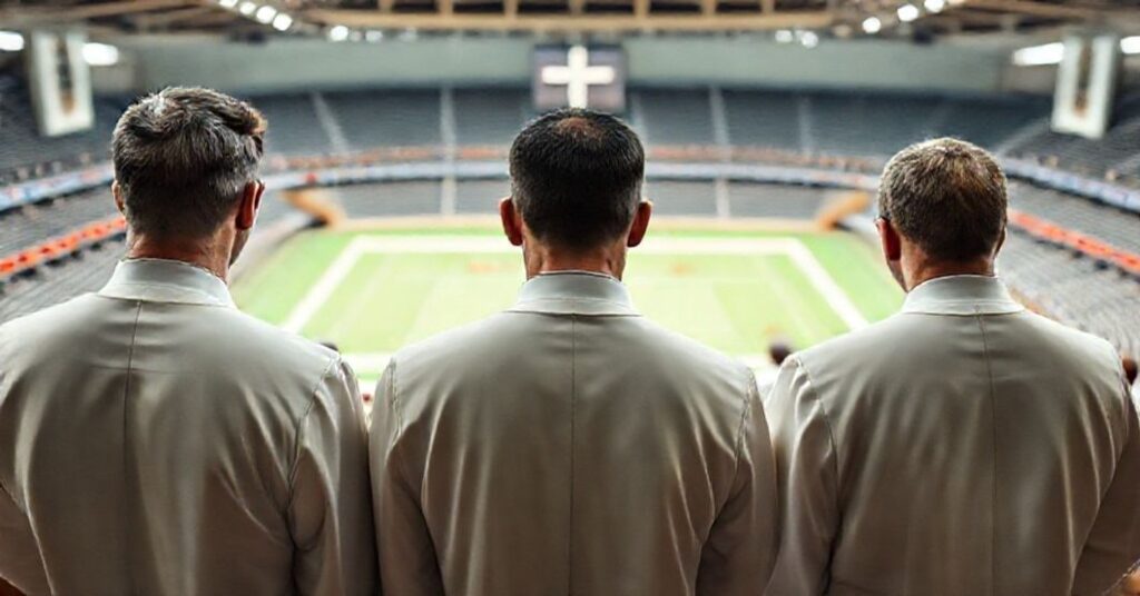 Zdjęcie przedstawiaje tradycyjnych ministrantów w liturgicznych strojach modlących się przed ołtarzem na tle areny sportowej.