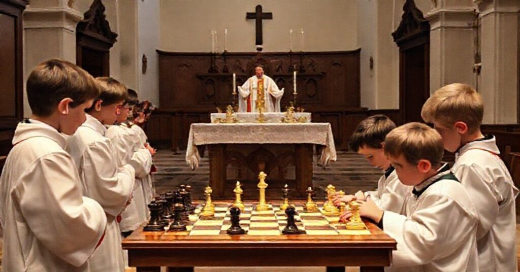 Grupa miniatrancka podczas turnieju szachowego w kościele, z kontrastującym tłem Mszy św. celebrowanej przez księdza
