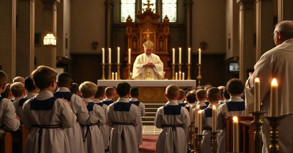 Młodzi ministranci w tradycyjnych szatach liturgicznych modlą się przed ołtarzem podczas Tradycyjnej Mszy Świętej w kościele.
