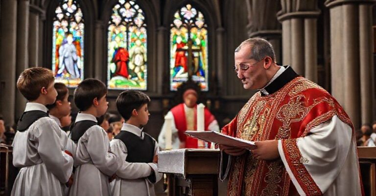 Młodzi ministranci w tradycyjnych surplicach służący przy Mszy św. w kościele tradycyjnym z wręczającym hostie księdzem w uroczystych ornatach