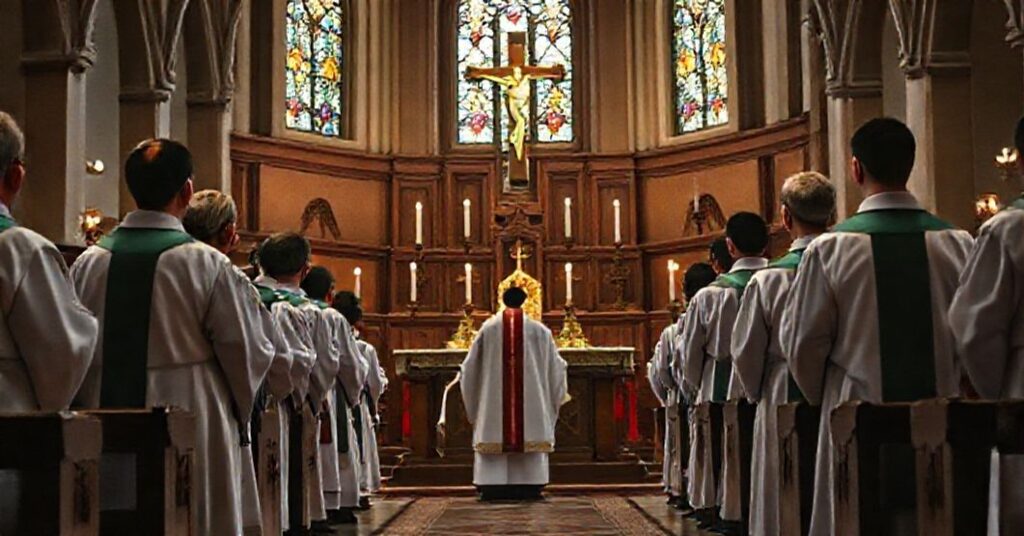 Tradycyjna msza święta z ministrantami w stroju liturgicznym przed ołtarzem z krzyżem, przedstawiająca świętość katolickiej liturgii.