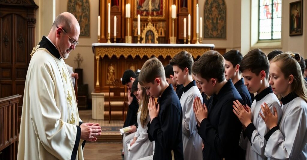 Grupa ministrantów modląca się przed Najświętszym Sakramentem w tradycyjnym kościele katolickim