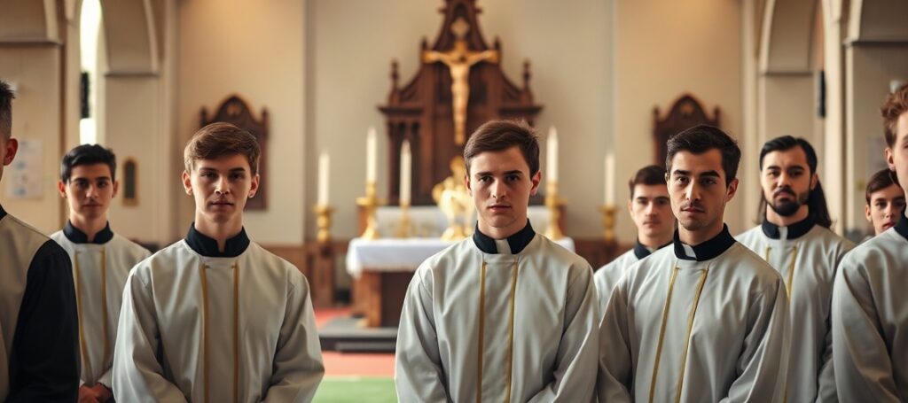 Młodzi ministranci w tradycyjnych szatach liturgicznych stoją w nawiązaniu kościoła przed ołtarzem z krzyżem i świecami, z widokiem blaknącego boiska piłkarskiego w tle.