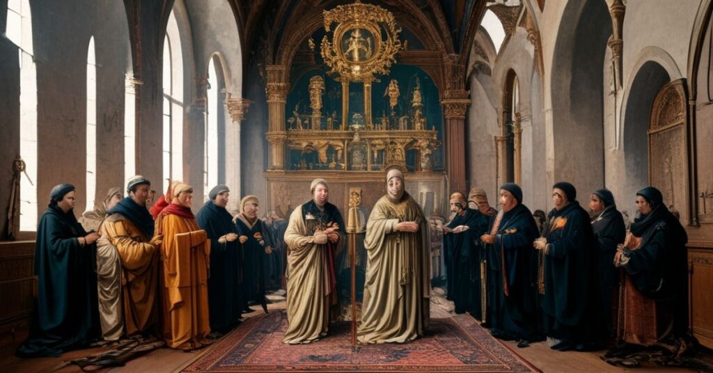 Wnętrze zdewastowanego kościoła w Mircu podczas rzekomych obchodów 700-lecia parafii, z widocznym "stołem ofiarnym" posoborowym i zaniedbanym ołtarzem ad orientem. Ksiądz Murawski wygłasza mowę przed niewielką grupą wiernych.