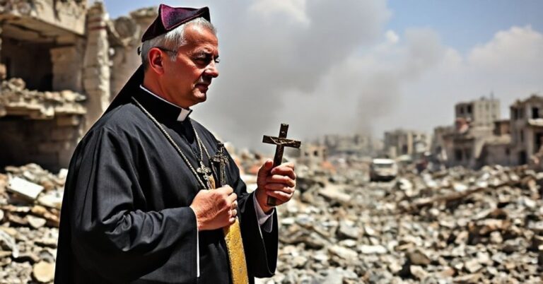 Kleryk w tradycyjnym stroju kościelnym stoi w ruinach zniszczonego kościoła w Gazie, trzymając krzyż i udzielając wsparcia psychicznego rodzinie z szybko kontrastującymi z pogrążonym w zagładzie tłem.