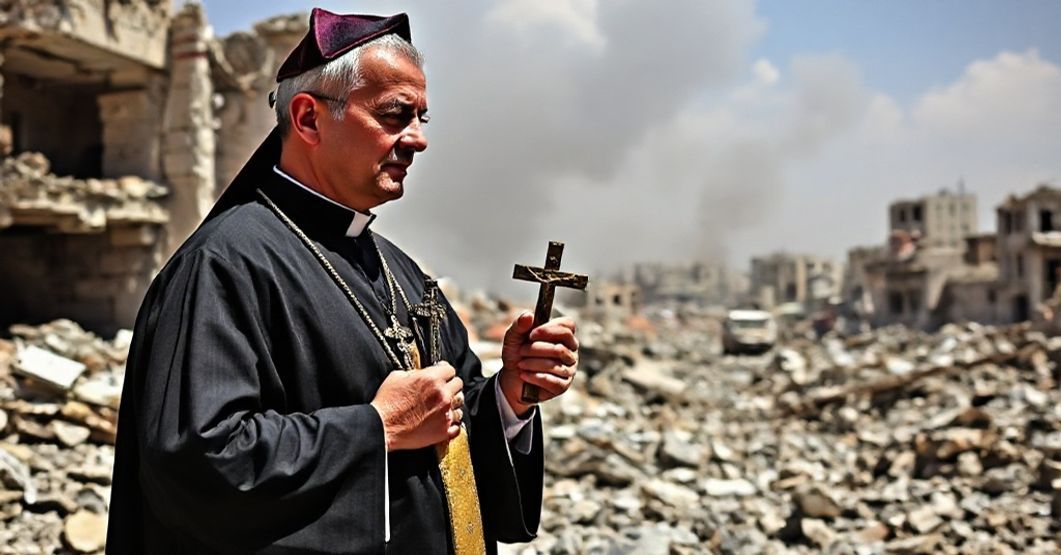Kleryk w tradycyjnym stroju kościelnym stoi w ruinach zniszczonego kościoła w Gazie, trzymając krzyż i udzielając wsparcia psychicznego rodzinie z szybko kontrastującymi z pogrążonym w zagładzie tłem.