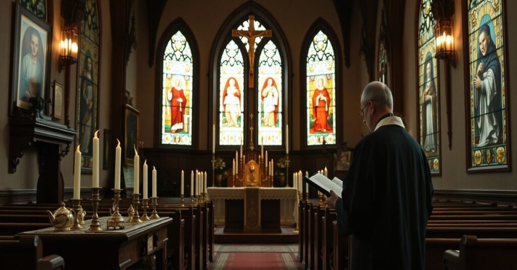 Wnętrze kościoła katolickiego z tradycyjnym ołtarzem i kaznodzieją głoszącym o miłosierdziu bez pokuty