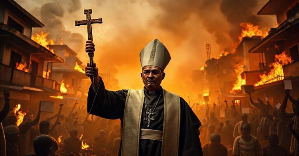 Tradycyjny katolicki kapłan w Tanzanii stoi nieugięty wśród chaosu z krzyżem w dłoniach.