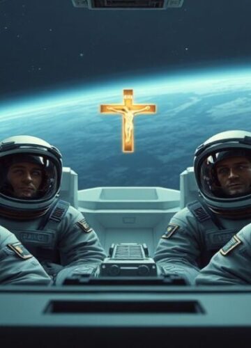 Misja Artemis II - współczesna Wieża Babel Obraz przedstawiający misję Artemis II jako współczesną Wieżę Babel z katolickiego punktu widzenia. Astronauci w statku kosmicznym otoczeni pustką kosmiczną, ich twarze wyrażają dumę i ludzkie dążenia.