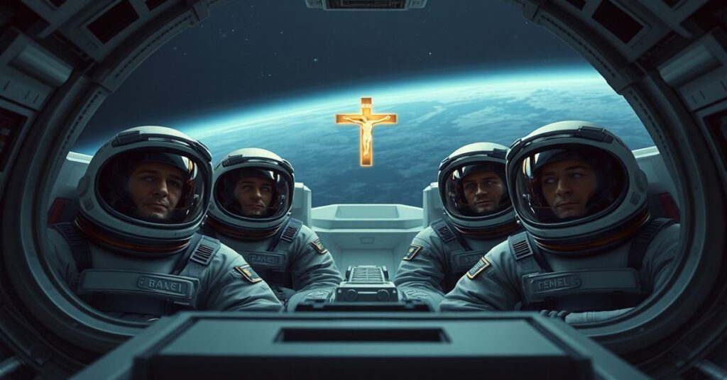 Obraz przedstawiający misję Artemis II jako współczesną Wieżę Babel z katolickiego punktu widzenia. Astronauci w statku kosmicznym otoczeni pustką kosmiczną, ich twarze wyrażają dumę i ludzkie dążenia.