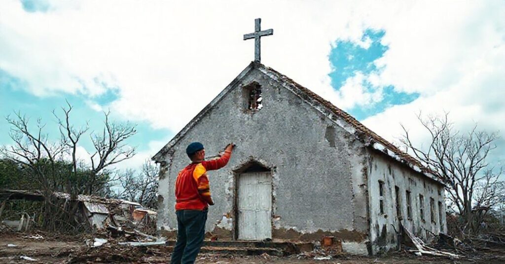 Zniszczona misyjna placówka katolicka w Maggotty na Jamajce po huraganie Melissa, z dwoma polskimi wolontariuszami naprawiającymi dach pod nadzorem tradycyjnego księdza. Scena uwypukla brak sakramentów i ewangelizacji w nowoczesnym humanitaryzmie.