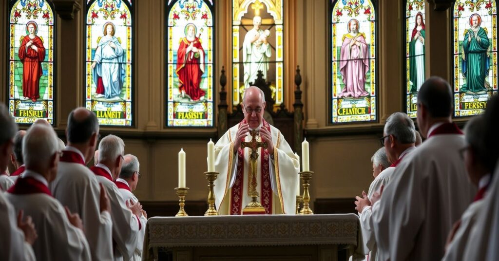 Scena Mszy Świętej z biskupem Danielem H. Mueggenborgiem, podkreślająca misję Kościoła katolickiego jako zbawienia dusz.