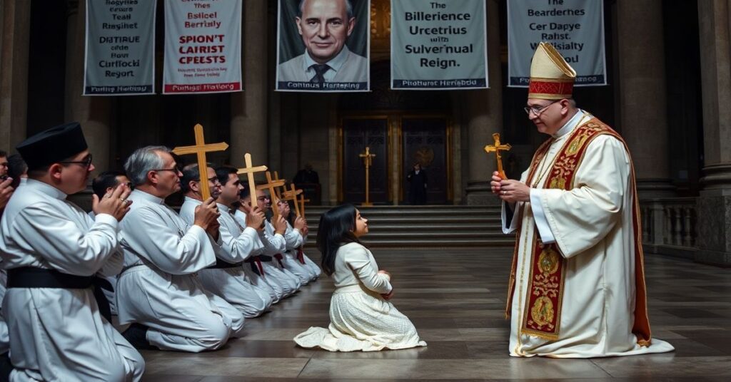 Grupa tradycyjnych katolickich księży i świeckiej osoby klęczących przed katedrą w Gnieźnie podczas wręczania krzyży misyjnych przez fałszywego biskupa w nowoczesnych ornatach.