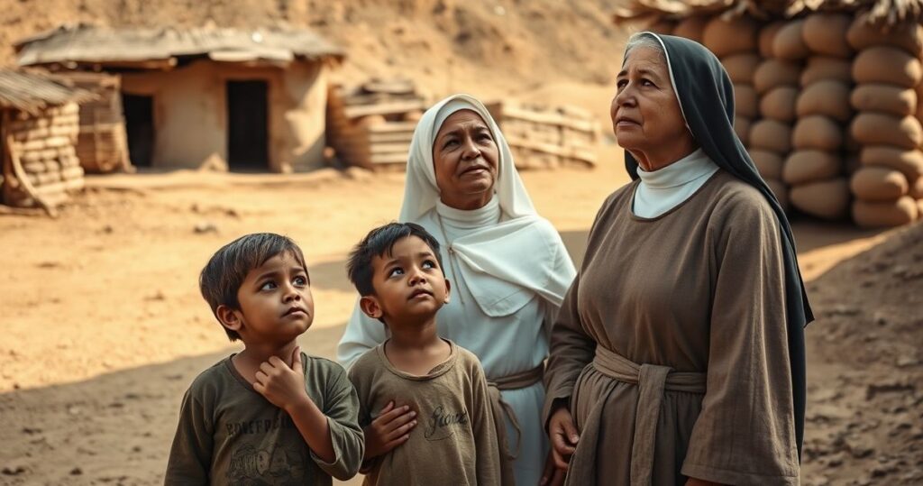 Zdjęcie misjonarki w Bolivii z dziećmi, ukazujące powagę i krytykę powierzchownej pomocy humanitarnej w kontekście religijnym