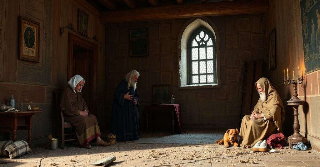 Portret czterech Misjonarek Miłość w habitach na tle zniszczonej budowli, z krzyżem w ręku.