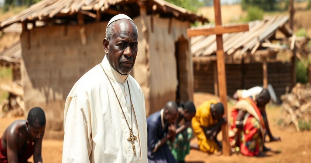 Tradycyjny katolicki misjonarz w Afryce podczas ewangelizacji przed drewnowym krzyżem