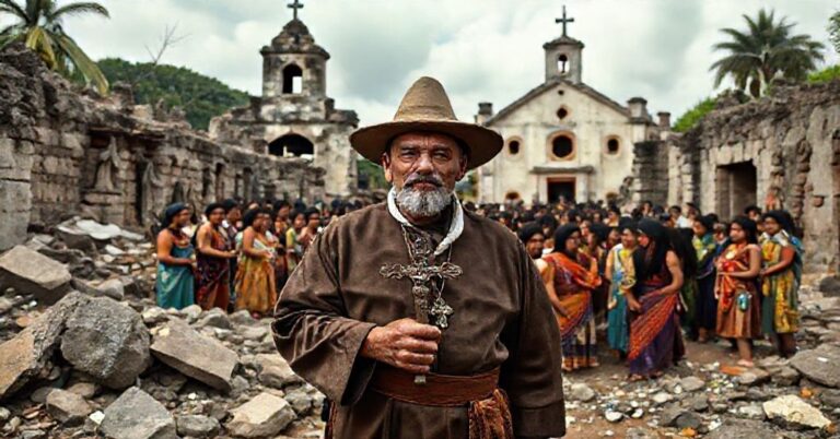 Tradycyjny misjonarz katolicki stoi przed ruinami pogańskiego sanktuarium w Meksyku, trzymając krzyż, z tłem nowo wybudowanego kościoła i obywateli starających się łączyć symbole katolickie z pogańskimi.