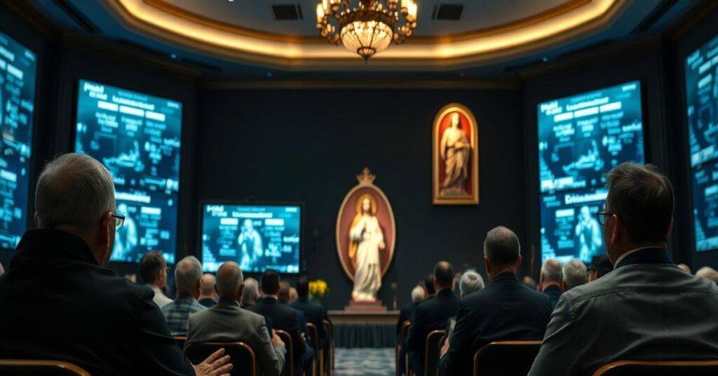 Obraz przedstawiający duchowe bankructwo współczesnych „misjonarzy cyfrowych” podczas konferencji na Papieskim Uniwersytecie Świętego Krzyża w Rzymie.