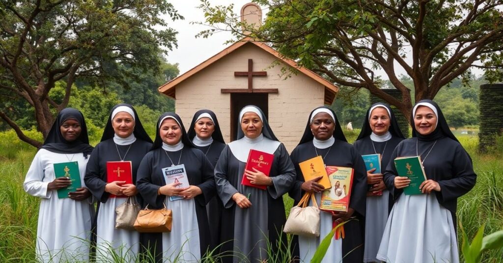 Grupa misjonarzy z Polski w Kamerunie, przedstawiona w tradycyjnym katolickim kontekście. Misjonarze trzymają księgi religijne i zaopatrzenie medyczne przed kaplicą.