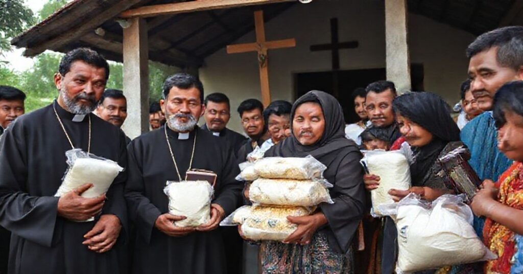 Grupa misjonarzy kamilianów rozdziela paczki ryżu mieszkańcom wyspy Flores w Indonezji.
