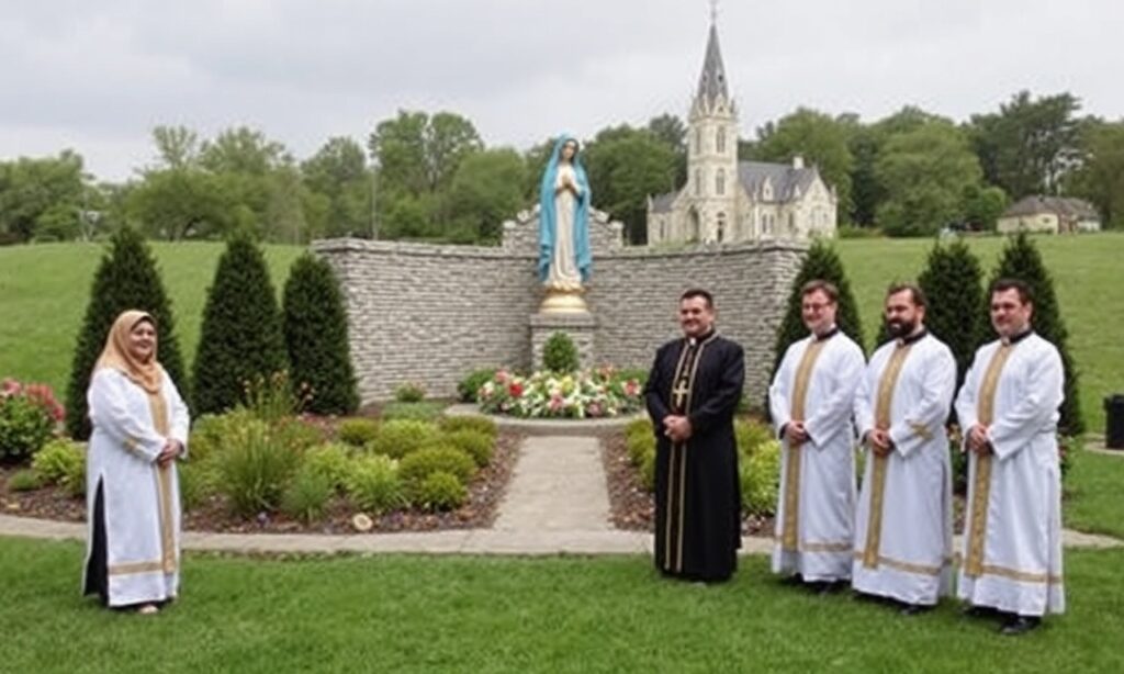 Misjonarze św. Jana Chrzciciela stoją przed planowanym miejscem groty maryjnej w Park Hills, Kentucky